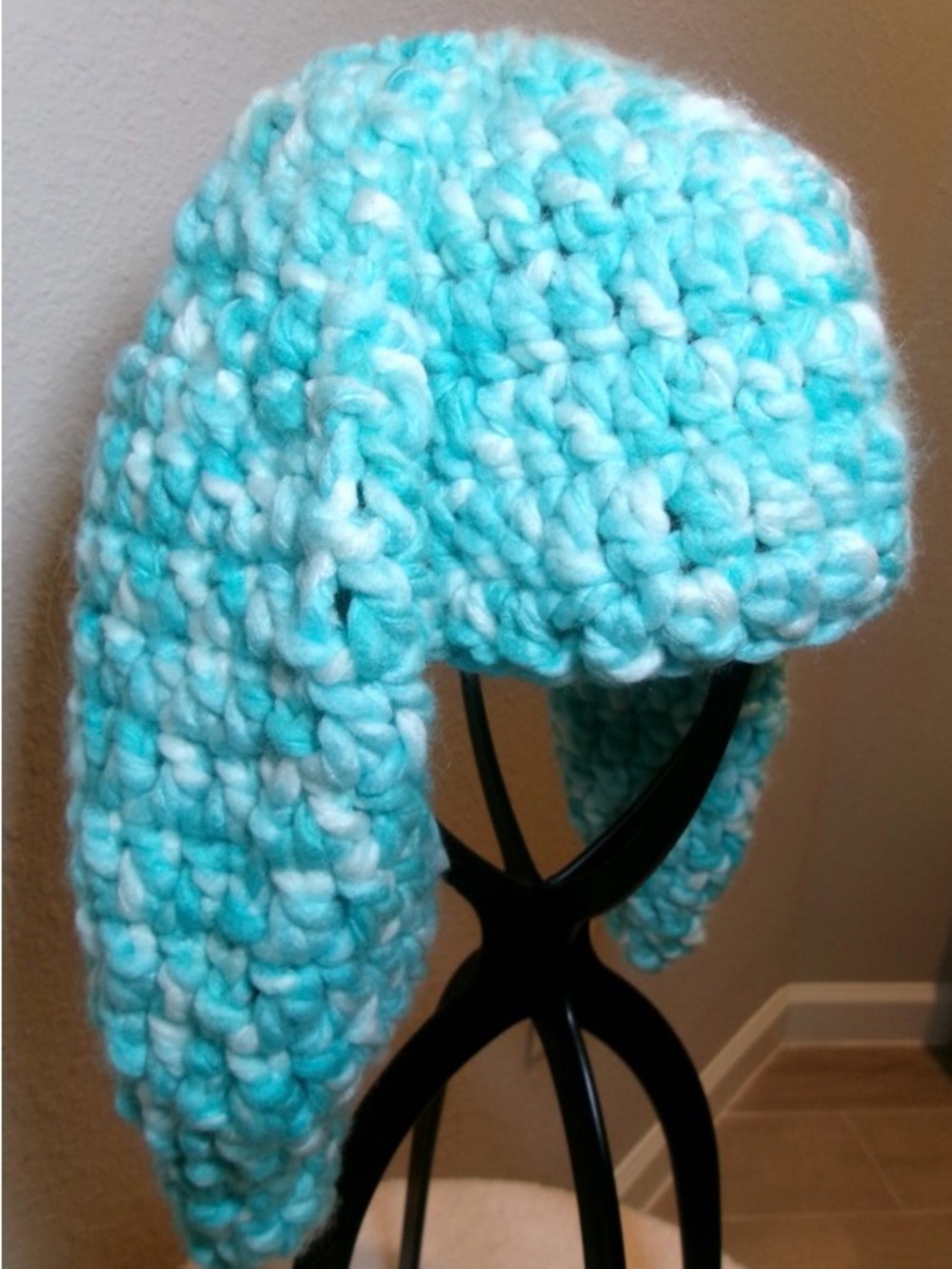 Cozy Handmade Chunky Knit Turquoise Bunny Hat